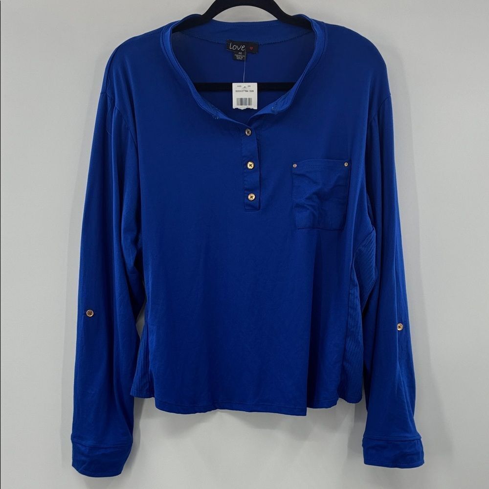 3For$20 Love Royal Blue Buttoned Long Sleeve Tee 4X